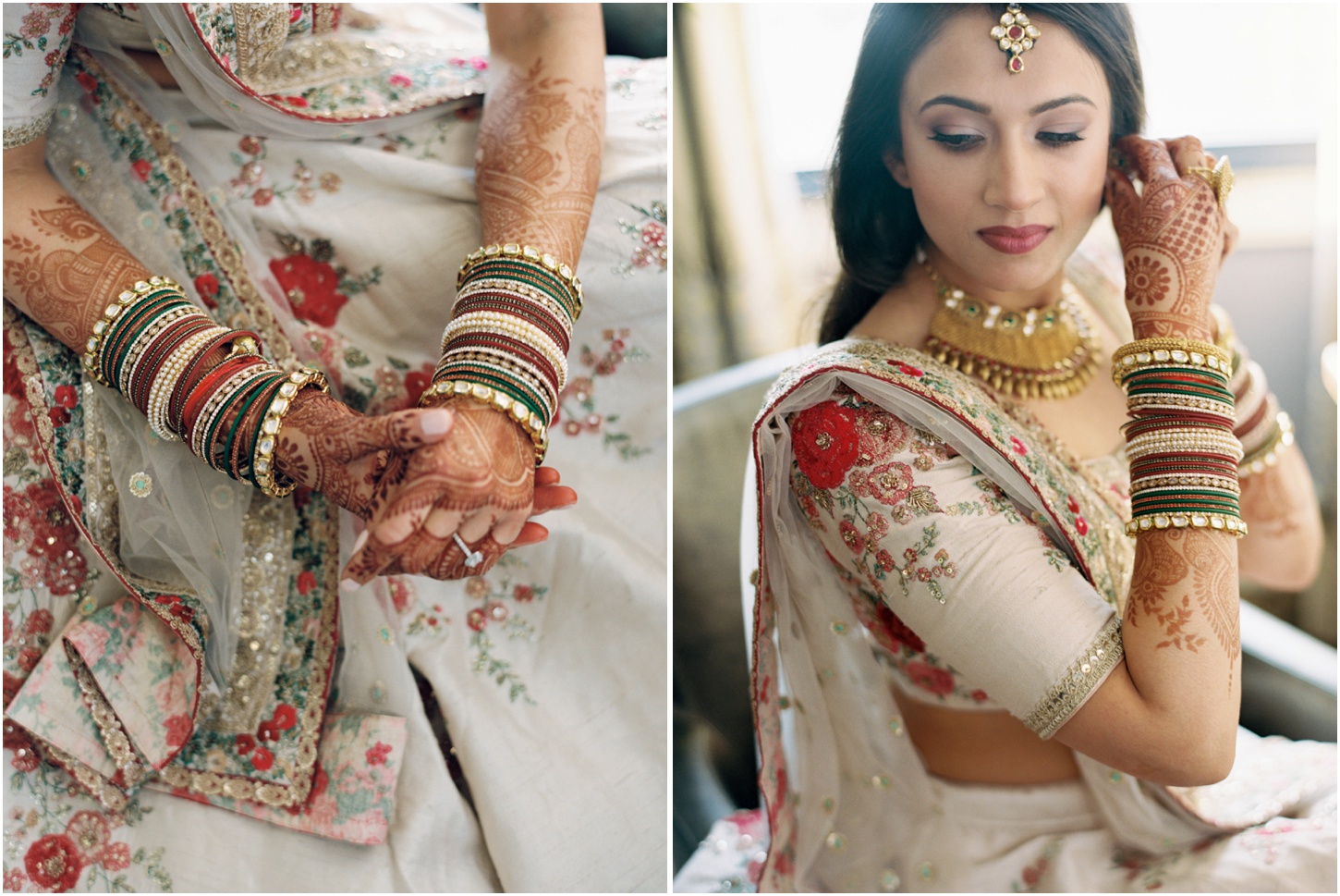 The close-up shot of Indian bride with beautiful saree in yellow blouse and  red lehenga putting a lot of glitter bracelets (bangle) on hand with mehnd  Stock Photo - Alamy