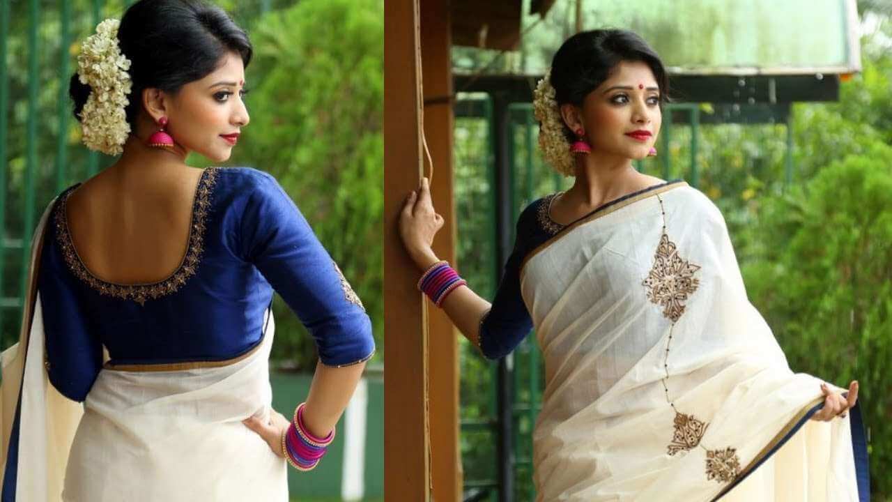 Onam saree | side braid | Jasmine hair style | Kerala look | kerala saree |  Jasmine hair, Side braid, Onam saree