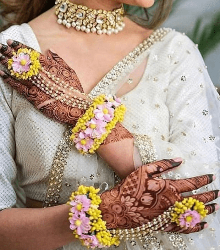 Haldi Mehandi Flower Jewellery Set with Bahubali Earrings and Necklace –  Saubhagyavati.in