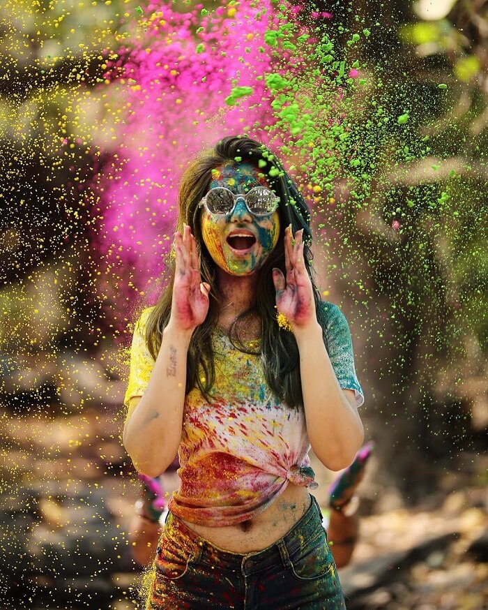 Laughing Blonde Girl Wearing White Shirt and Posing Covered with Dry Paint  at the Holi Festival Stock Photo - Image of beauty, colors: 134052356