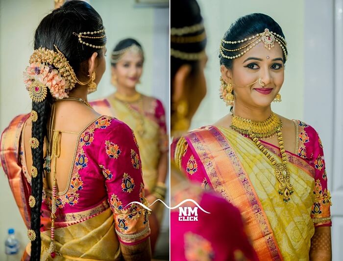 There is something really engaging about the south indian bridal attires. | Indian  bridal hairstyles, Fashionable saree blouse designs, Hair style on saree
