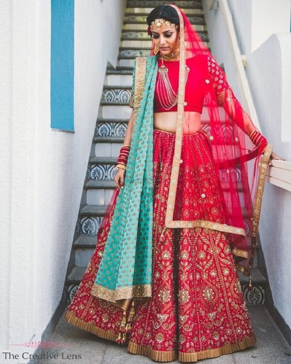 Red velvet lehenga choli with dupatta: Doli barat pattern handwork – B Anu  Designs