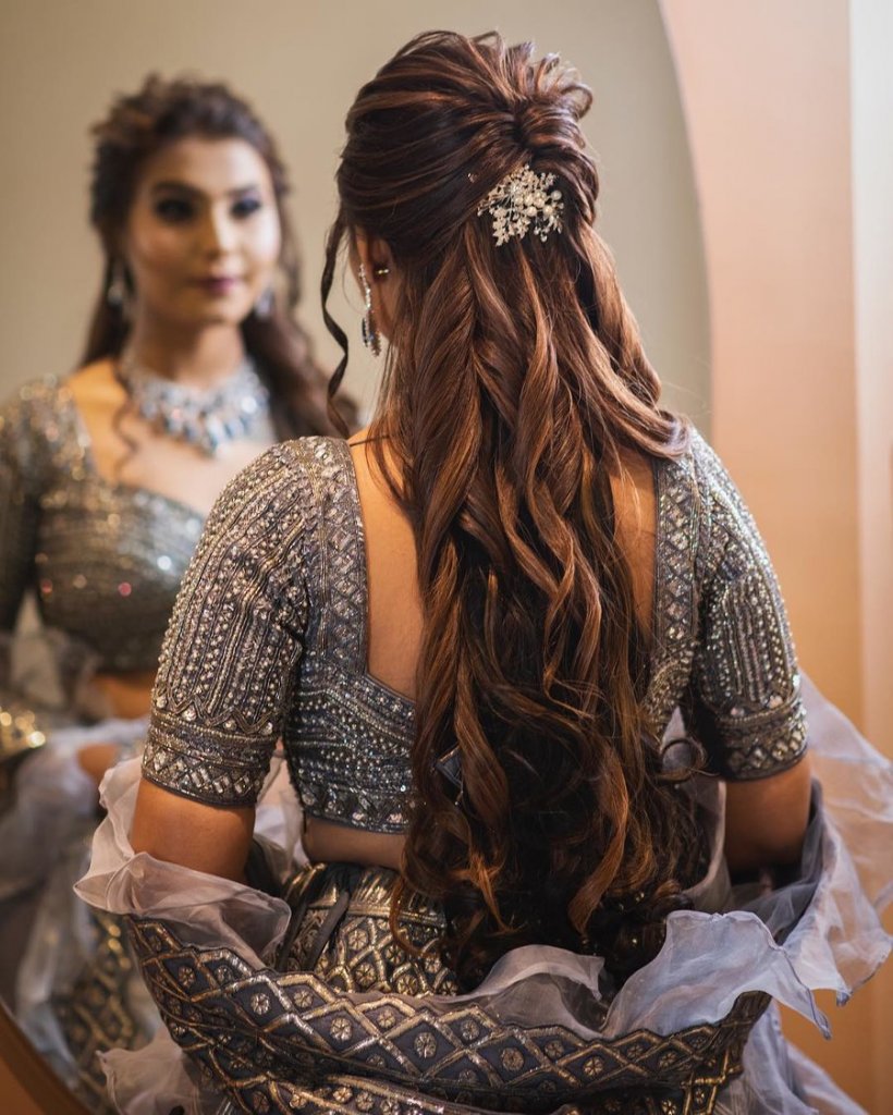 Indian bride's bridal reception hairstyle styled by Swank Studio. Find us  at htt… | South indian wedding hairstyles, Indian bridal hairstyles, Indian  bun hairstyles