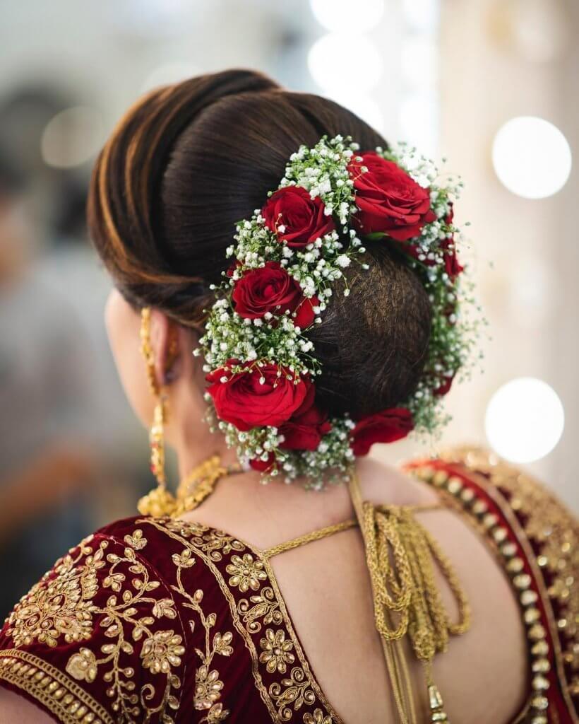 Classic And Simple Bridal Hairstyle With White And Pink Rose Flowers. View  Of Hairdo From Behind Closeup. Stock Photo, Picture and Royalty Free Image.  Image 136621189.