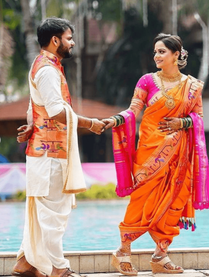 The Bride Donned A Sabyasachi Lehenga On 'Anand Karaj', Draped Nauvari Saree  At Her Marathi Wedding